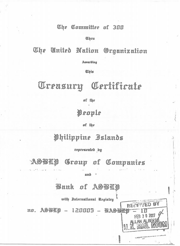 Committee of 300 treasury certificate 2007.